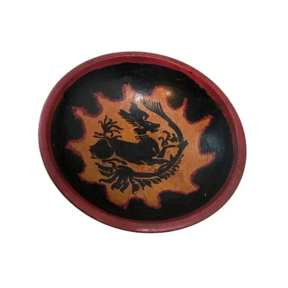 Vintage Munising 2nd Hand Painted Wooden Primitive Bowl Red Black Griffin Lion